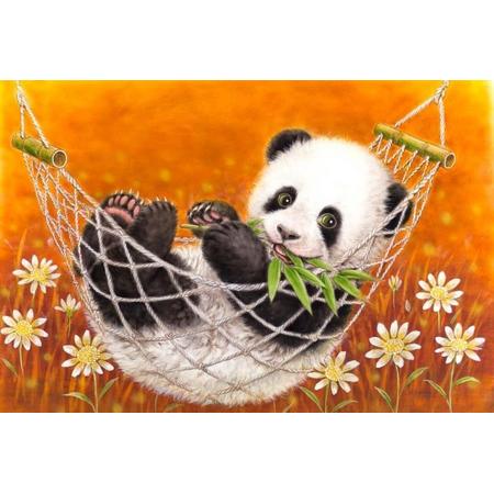 Diamond Painting Pakket - Panda in Hangmat - 30x20 cm - Complete Set - Volledige Bedekking - Ronde Steentjes - Dielay