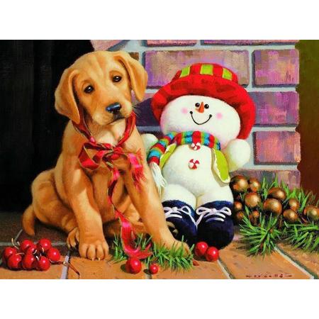 Diamond Painting Pakket - Serie Kerstmis - Hond en Sneeuwpop - 50x40 cm - Complete Set - Volledige Bedekking - Ronde Steentjes - Dielay