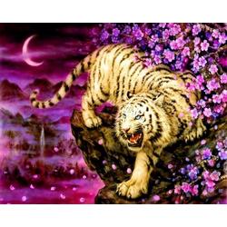 Full Diamond Painting Volwassenen  - Ronde Steentjes  - Volledig Pakket  - Hobby  - Dieren - Aziatische Tijger bij paarse bloemen 50x40 cm