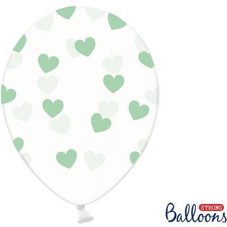 6 Ballonnen in zak hartjes crystal - Mint groen 30cm