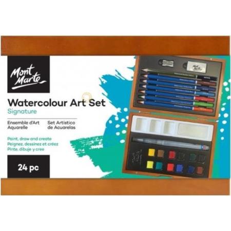 Mont Marte® 24-delige waterverf/waterpotloden kleurset in houten kist