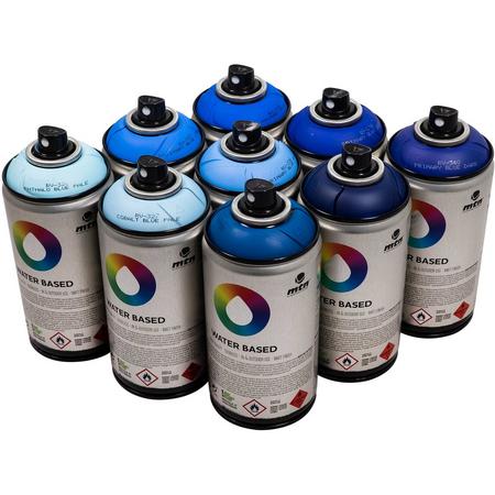 MTN Waterbasis Spuitbussen Pakket - 9x Blauw Tinten - Lage druk, matte afwerking graffiti spuitverf - 300ml