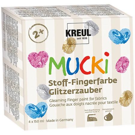Mucki textiel vingerverf - 4 x 150 ml vingerverf voor textiel - glanzende kleuren roze, blauw, zilver & goud