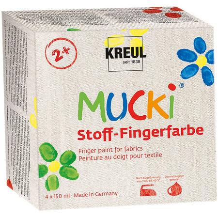 Mucki textiel vingerverf - 4 x 150 ml vingerverf voor textiel - kleuren geel, rood, blauw & groen