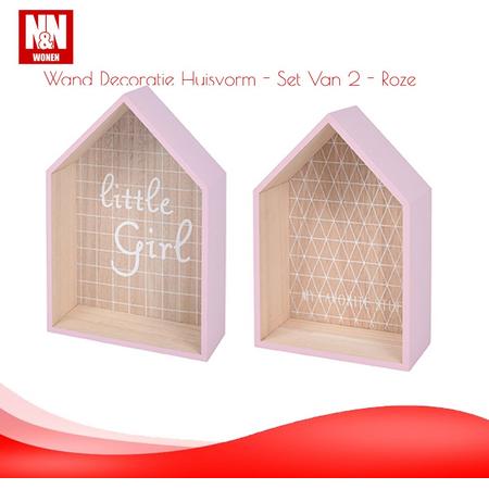 N&N Wonen Wand Decoratie Huisvorm - Set Van 2 - Roze