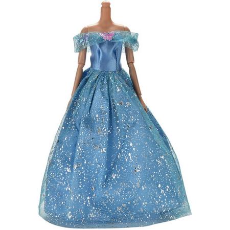 Blauwe Prinsessenjurk, baljurk of trouwjurk met een kantlaag van glitters voor de Barbie pop NBH