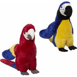 2x Pluche papegaaien knuffels rood en blauw 21 cm - Tropische vogels