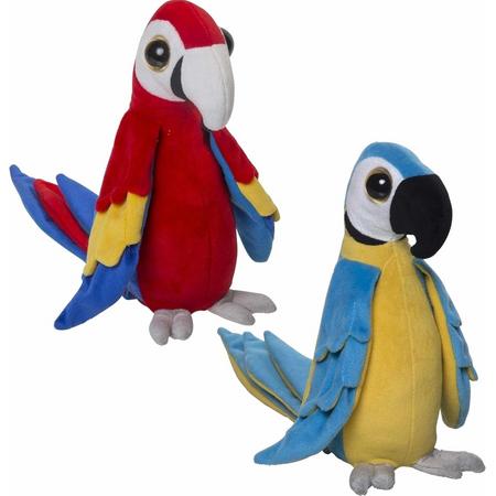 2x Pluche papegaaien knuffels rood en blauw 25 cm - Tropische vogels
