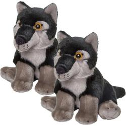 2x stuks pluche zwarte wolf knuffel 18 cm - Wolven wilde dieren knuffels - Speelgoed voor kinderen