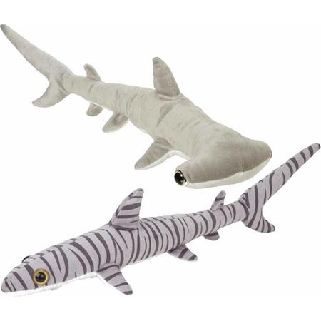 Set van 2x pluche haaien knuffels van 60 cm - Oceaan dieren/vissen - Hamerhaai en tijgerhaai