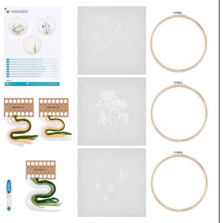 Navaris DIY Borduurpakket voor volwassenen - 3 complete borduursets voor starters - Incl. ring, handleiding en garen - Met voorgedrukt bloemendesign