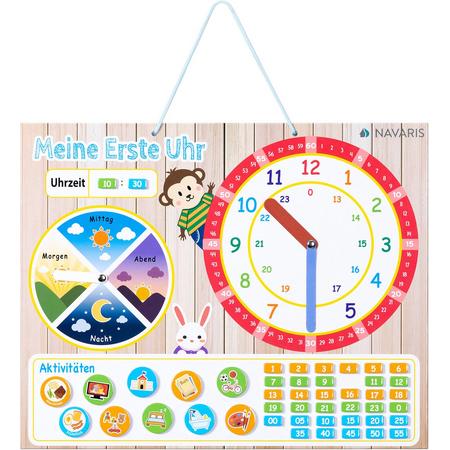 Navaris beige magnetische kinderklok - Vroegtijdig leren - Educatieve kaart met de tijd van de dag voor kinderen - Kindermuurbord in het Duits