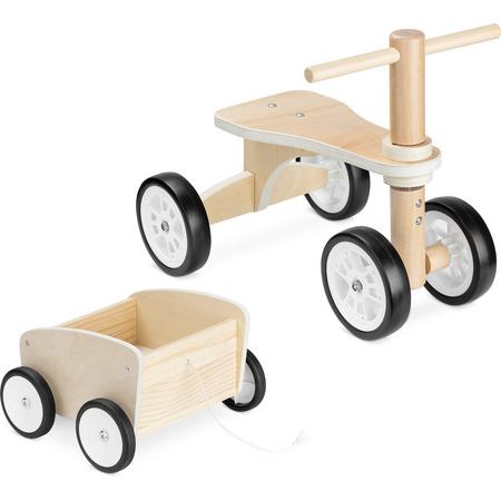 Navaris houten loopfiets met trailer - Peuterfiets van hout met 4 wielen - Vanaf 18 maanden - Voor jongens en meisjes