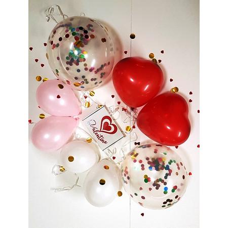 Valentijn ballon pakket in kadodoosje - valentijn giftbox - inclusief zilveren kadozakjes en rode harjes en goudfolie snippers