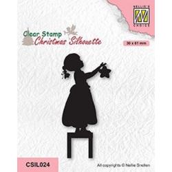 CSIL024 - Nellie Snellen Christmas Silhouettes Clear Stamp Little Girl Decorating - stempel meisje versiert kerstboom - decoratie kerst