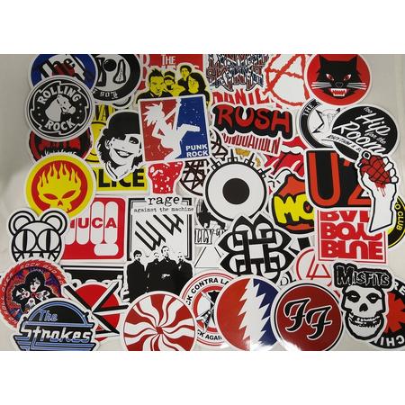 Stickerset met 50 rockband sticker voor skateboard, stuntstep of helm