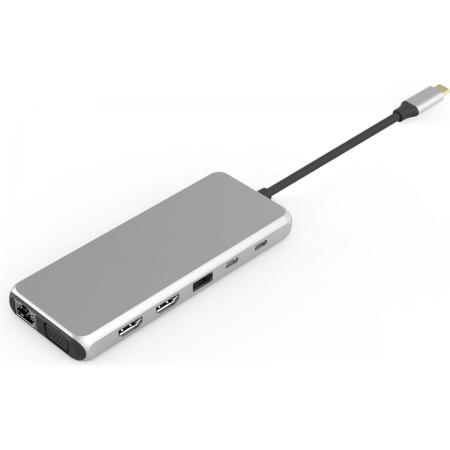 NÖRDIC DOCK-128 Dockingstation USB-C naar HDMI 4K 60Hz - VGA - USB-A - RJ45 - Zilver