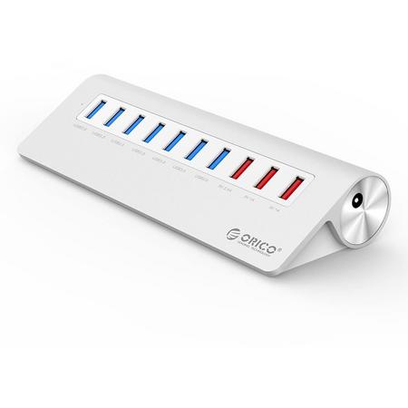 Orico - Aluminium design USB hub met 7x USB 3.0 5Gbps poorten met 3x Smart Charge 1-2.4A Oplaadfunctie voor Smartphone en Tablet incl. Stroom Adapter - Zilver metallic aluminium