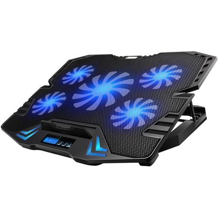 Omega Laptop Koeler Standaard - 5 Ventilatoren - Blauwe LED Verlichting - LCD Scherm met 5 Regelbare ventilator snelheid