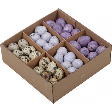 Oneiro’s Luxe w/b. 72 quail eggs 3 ass. Lilac ø 2x3 cm  – decoratie – pasen – paasdecoratie – paashaas – eieren – has – kip – gekleurde eieren – paastak – lente – feestdecoratie
