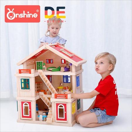 Onshine - Massief houten poppenhuis met 3 verdiepingen. Inclusief poppen, meubeltjes, zoals keuken, bank, stoeltjes, bed, kast, bad, toilet en wastafeltje.