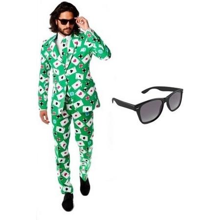 Groen heren kostuum / pak - maat 52 (XL) met gratis zonnebril