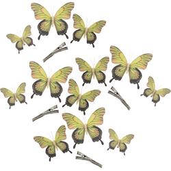 Othmar Decorations Decoratie vlinders op clip 12x stuks - geel - 3 formaten - 12/16/20 cm