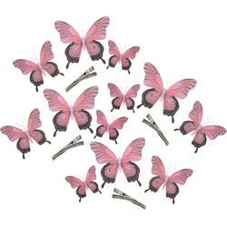 Othmar Decorations Decoratie vlinders op clip 12x stuks - roze - 3 formaten - 12/16/20 cm