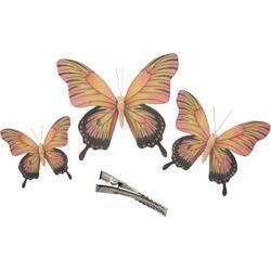 Othmar Decorations Decoratie vlinders op clip 3x stuks - geel/roze - 12/16/20 cm