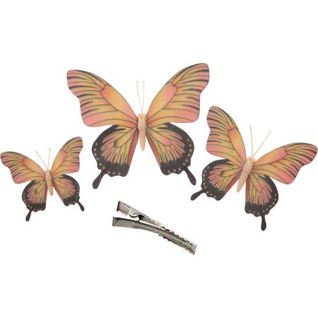Othmar Decorations Decoratie vlinders op clip 3x stuks - geel/roze - 12/16/20 cm