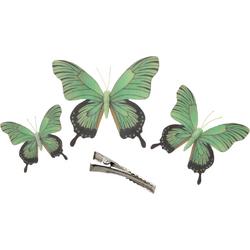 Othmar Decorations Kerst decoratie vlinders op clip - 3x stuks - groen - 12/16/20 cm