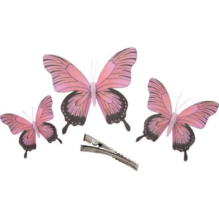 Othmar Decorations Kerst decoratie vlinders op clip - 3x stuks - roze - 12/16/20 cm