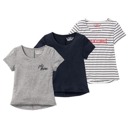 3 meisjes shirts 146/152, Donkerblauw gestreept/grijs/donkerblauw