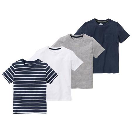 4 jongens T-shirts 122/128, Donkerblauw gestreept/wit/grijs/donkerblauw