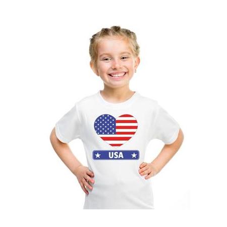 Amerika/ usa kinder t-shirt met amerikaanse vlag in hart wit jongens en meisjes m (134-140)