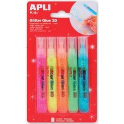 Apli Kids glitterlijm, blister met 5 tubes van 13 ml in geassorteerde fluo kleuren