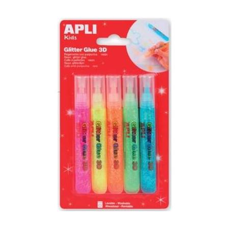 Apli Kids glitterlijm, blister met 5 tubes van 13 ml in geassorteerde fluo kleuren