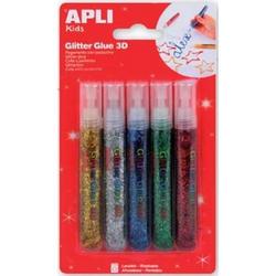 Apli Kids glitterlijm, blister met 5 tubes van 13 ml in geassorteerde metallic kleuren