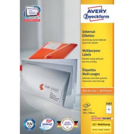 Avery witte etiketten QuickPeel Ft 105 x 148 mm (b x h), 400 stuks, 4 per blad, doos van 100 blad
