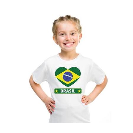 Brazilie kinder t-shirt met braziliaanse vlag in hart wit jongens en meisjes l (146-152)