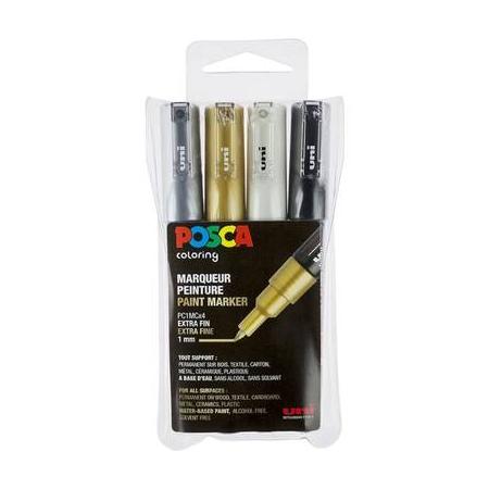 Posca paintmarker pc-1mc, etui met 4 stuks in geassorteerde metallic kleuren