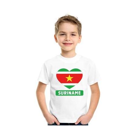 Suriname kinder t-shirt met surinaamse vlag in hart wit jongens en meisjes s (122-128)