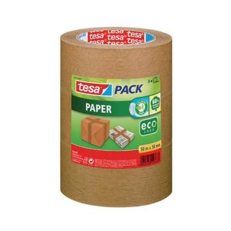 Tesapack paper ecoLogo, ft 50 mm x 50 m, bruin, pak van 3 stuks