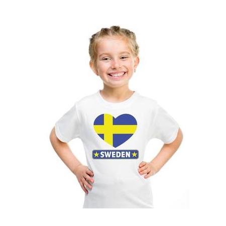 Zweden kinder t-shirt met zweedse vlag in hart wit jongens en meisjes xs (110-116)