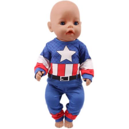 Poppenkleertjes - Geschikt voor Baby Born - Pyjama - Captain America - Blauw, rood en wit - Slaapkleding - Nachtkleding
