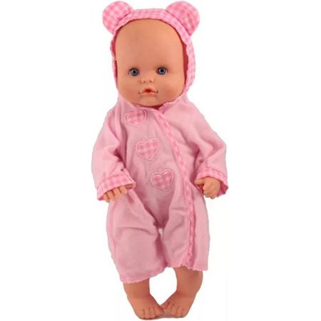 Poppenkleertjes - Geschikt voor Baby Born Little 36cm - Roze romper met muts, oortjes en hartjes