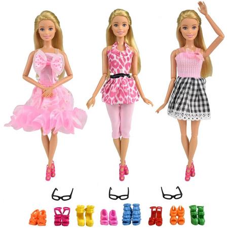 Poppenkleertjes - Geschikt voor Barbie - Set van 9 items - 3 outfits, 3 brillen en 3 paar schoenen - Complete outfit - Modepop - Barbie kleding