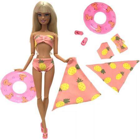 Poppenkleertjes - geschikt voor Barbie - oranje bikini met ananasjes - met zwemband, omslagdoek en slippers - zwemkleding - zomer