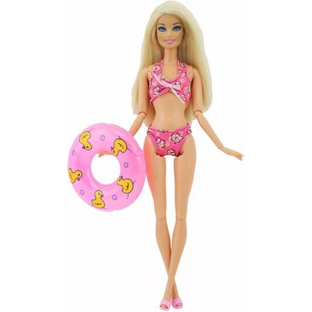 Poppenkleertjes - geschikt voor Barbie - roze bikini met bloemetjes en strikje - met zwemband en slippers - zwemkleding - zomer