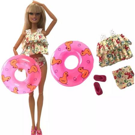 Poppenkleertjes - geschikt voor Barbie - tankini met bloemetjes, strikjes en ruches - met zwemband en slippers - zwemkleding - zomer